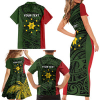 Personalised PNG Eastern Highlands Family Matching Short Sleeve Bodycon Dress and Hawaiian Shirt Bird of Paradise Tattoo Flag Motif - Polynesian Pride