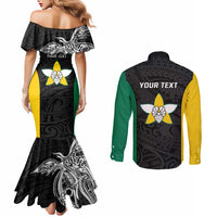 Personalised PNG Enga Province Couples Matching Mermaid Dress and Long Sleeve Button Shirt Bird of Paradise Tattoo Flag Motif - Polynesian Pride