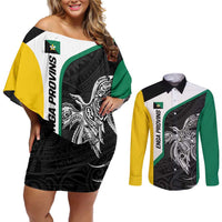 Personalised PNG Enga Province Couples Matching Off Shoulder Short Dress and Long Sleeve Button Shirt Bird of Paradise Tattoo Flag Motif - Polynesian Pride