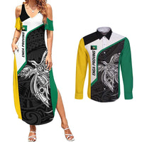 Personalised PNG Enga Province Couples Matching Summer Maxi Dress and Long Sleeve Button Shirt Bird of Paradise Tattoo Flag Motif - Polynesian Pride
