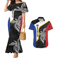 Personalised PNG Gulf Province Couples Matching Mermaid Dress and Hawaiian Shirt Bird of Paradise Tattoo Flag Motif - Polynesian Pride