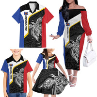 Personalised PNG Gulf Province Family Matching Off The Shoulder Long Sleeve Dress and Hawaiian Shirt Bird of Paradise Tattoo Flag Motif - Polynesian Pride