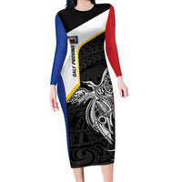 Personalised PNG Gulf Province Long Sleeve Bodycon Dress Bird of Paradise Tattoo Flag Motif LT9 Long Dress Black - Polynesian Pride