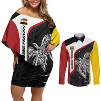 Personalised PNG Madang Province Couples Matching Off Shoulder Short Dress and Long Sleeve Button Shirt Bird of Paradise Tattoo Flag Motif - Polynesian Pride