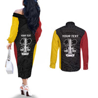 Personalised PNG Madang Province Couples Matching Off The Shoulder Long Sleeve Dress and Long Sleeve Button Shirt Bird of Paradise Tattoo Flag Motif - Polynesian Pride