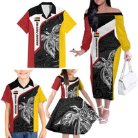Personalised PNG Madang Province Family Matching Off The Shoulder Long Sleeve Dress and Hawaiian Shirt Bird of Paradise Tattoo Flag Motif - Polynesian Pride