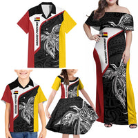 Personalised PNG Madang Province Family Matching Off Shoulder Maxi Dress and Hawaiian Shirt Bird of Paradise Tattoo Flag Motif - Polynesian Pride
