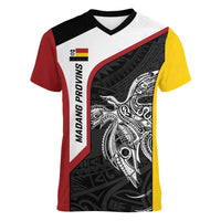 Personalised PNG Madang Province Women V-Neck T-Shirt Bird of Paradise Tattoo Flag Motif - Polynesian Pride