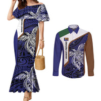 Personalised PNG Manus Province Couples Matching Mermaid Dress and Long Sleeve Button Shirt Bird of Paradise Tattoo Flag Motif - Polynesian Pride