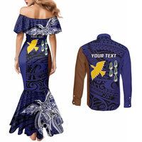 Personalised PNG Manus Province Couples Matching Mermaid Dress and Long Sleeve Button Shirt Bird of Paradise Tattoo Flag Motif - Polynesian Pride