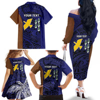 Personalised PNG Manus Province Family Matching Off The Shoulder Long Sleeve Dress and Hawaiian Shirt Bird of Paradise Tattoo Flag Motif - Polynesian Pride