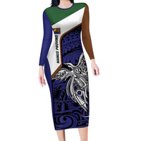 Personalised PNG Manus Province Long Sleeve Bodycon Dress Bird of Paradise Tattoo Flag Motif LT9 Long Dress Blue - Polynesian Pride