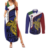 Personalised PNG Milne Bay Province Couples Matching Summer Maxi Dress and Long Sleeve Button Shirt Bird of Paradise Tattoo Flag Motif - Polynesian Pride