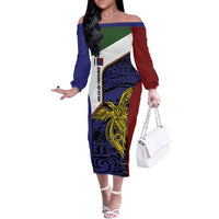Personalised PNG Milne Bay Province Off The Shoulder Long Sleeve Dress Bird of Paradise Tattoo Flag Motif - Polynesian Pride