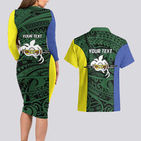 Personalised PNG Morobe Province Couples Matching Long Sleeve Bodycon Dress and Hawaiian Shirt Bird of Paradise Tattoo Flag Motif - Polynesian Pride