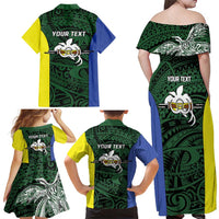 Personalised PNG Morobe Province Family Matching Off Shoulder Maxi Dress and Hawaiian Shirt Bird of Paradise Tattoo Flag Motif - Polynesian Pride