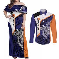 Personalised PNG New Ireland Couples Matching Off Shoulder Maxi Dress and Long Sleeve Button Shirt Bird of Paradise Tattoo Flag Motif - Polynesian Pride