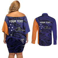 Personalised PNG New Ireland Couples Matching Off Shoulder Short Dress and Long Sleeve Button Shirt Bird of Paradise Tattoo Flag Motif - Polynesian Pride