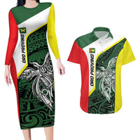 Personalised PNG Oro Province Couples Matching Long Sleeve Bodycon Dress and Hawaiian Shirt Bird of Paradise Tattoo Flag Motif - Polynesian Pride