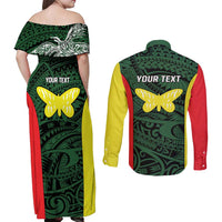 Personalised PNG Oro Province Couples Matching Off Shoulder Maxi Dress and Long Sleeve Button Shirt Bird of Paradise Tattoo Flag Motif - Polynesian Pride