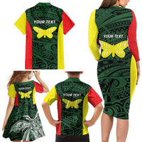 Personalised PNG Oro Province Family Matching Long Sleeve Bodycon Dress and Hawaiian Shirt Bird of Paradise Tattoo Flag Motif - Polynesian Pride