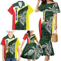 Personalised PNG Oro Province Family Matching Mermaid Dress and Hawaiian Shirt Bird of Paradise Tattoo Flag Motif - Polynesian Pride