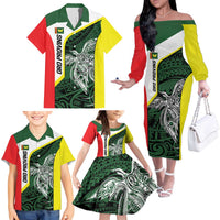 Personalised PNG Oro Province Family Matching Off The Shoulder Long Sleeve Dress and Hawaiian Shirt Bird of Paradise Tattoo Flag Motif - Polynesian Pride