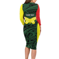 Personalised PNG Oro Province Long Sleeve Bodycon Dress Bird of Paradise Tattoo Flag Motif LT9 - Polynesian Pride