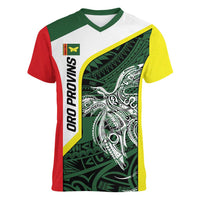 Personalised PNG Oro Province Women V-Neck T-Shirt Bird of Paradise Tattoo Flag Motif - Polynesian Pride