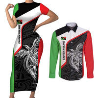 Personalised PNG Southern Highlands Province Couples Matching Short Sleeve Bodycon Dress and Long Sleeve Button Shirt Bird of Paradise Tattoo Flag Motif - Polynesian Pride
