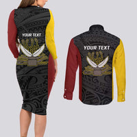 Personalised PNG Western Province Couples Matching Long Sleeve Bodycon Dress and Long Sleeve Button Shirt Bird of Paradise Tattoo Flag Motif - Polynesian Pride