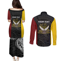 Personalised PNG Western Province Couples Matching Puletasi and Long Sleeve Button Shirt Bird of Paradise Tattoo Flag Motif - Polynesian Pride