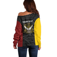 Personalised PNG Western Province Off Shoulder Sweater Bird of Paradise Tattoo Flag Motif - Polynesian Pride