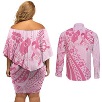 Pacific Girl and Butterfly Cancer Ribbon Personalised Couples Matching Off Shoulder Short Dress and Long Sleeve Button Shirt LT9 - Polynesian Pride
