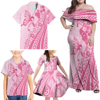 Pacific Girl and Butterfly Cancer Ribbon Personalised Family Matching Off Shoulder Maxi Dress and Hawaiian Shirt LT9 - Polynesian Pride