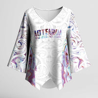 Custom New Zealand Aotearoa Kimono Sleeve Blouse Pink Maori Paua Shell Indigenous - Polynesian Pride