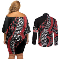 Koru Fern New Zealand Couples Matching Off Shoulder Short Dress and Long Sleeve Button Shirt Maori Tribal Pattern