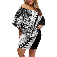 Koru Fern New Zealand Maori Tribal Warrior Family Matching Off Shoulder Short Dress and Hawaiian Shirt LT9 Mom's Dress Black - Polynesian Pride