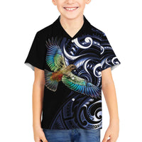New Zealand Kea Bird Personalised Family Matching Long Sleeve Bodycon Dress and Hawaiian Shirt Maori Tribal Koru Art LT9 Son's Shirt Blue - Polynesian Pride