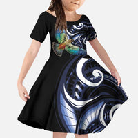 New Zealand Kea Bird Personalised Family Matching Short Sleeve Bodycon Dress and Hawaiian Shirt Maori Tribal Koru Art LT9 Daughter's Dress Blue - Polynesian Pride