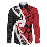 Silver Fern Koru Swirls with Maori Ta Moko Family Matching Mermaid Dress and Hawaiian Shirt LT9 Dad's Shirt - Long Sleeve Red - Polynesian Pride