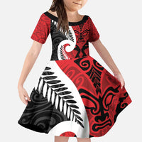 Silver Fern Koru Swirls with Maori Ta Moko Family Matching Off Shoulder Maxi Dress and Hawaiian Shirt LT9 Daughter's Dress Red - Polynesian Pride