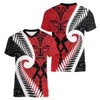 Silver Fern Koru Swirls with Maori Ta Moko Women V-Neck T-Shirt LT9 - Polynesian Pride