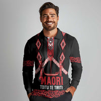 Toitu Te Tiriti Waitangi Long Sleeve Polo Shirt Black Wharenui House LT9 - Polynesian Pride