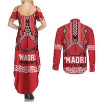 Toitu Te Tiriti Waitangi Couples Matching Summer Maxi Dress and Long Sleeve Button Shirt Red Wharenui House LT9 - Polynesian Pride