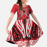 Toitu Te Tiriti Waitangi Family Matching Off The Shoulder Long Sleeve Dress and Hawaiian Shirt Red Wharenui House LT9 Daughter's Dress Red - Polynesian Pride