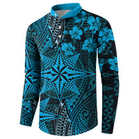 Vintage Tonga Tribal Ngatu Pattern Button Sweatshirt With Pacific Floral Aqua Art