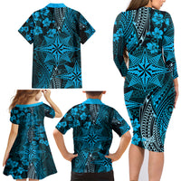 Vintage Tonga Tribal Ngatu Pattern Family Matching Long Sleeve Bodycon Dress and Hawaiian Shirt With Pacific Floral Aqua Art