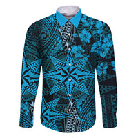 Vintage Tonga Tribal Ngatu Pattern Family Matching Long Sleeve Bodycon Dress and Hawaiian Shirt With Pacific Floral Aqua Art