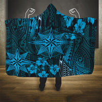 Vintage Tonga Tribal Ngatu Pattern Hooded Blanket With Pacific Floral Aqua Art